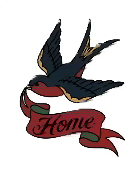 An American traditional tattoo design of a swallow and a banner for the leg, with the lettering Home