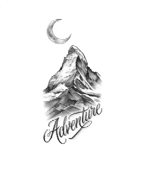 A black-and-grey tattoo design of a mountain and a moon for the leg, with the lettering Adventure