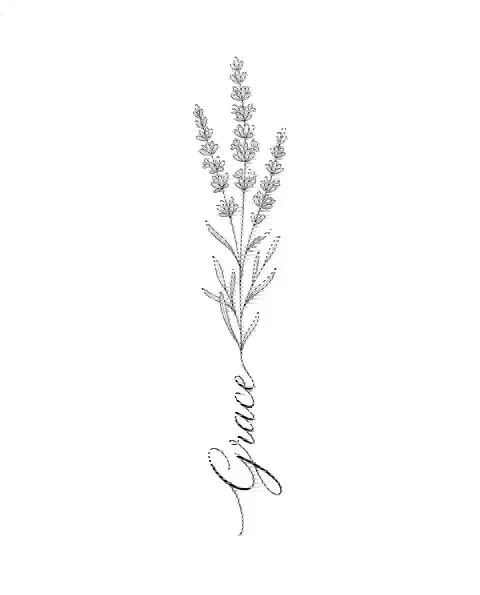 A fine-line tattoo design of a long stem of lavender for the leg, with the lettering Grace