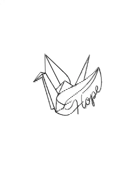 A minimal tattoo design of a small paper crane for the shoulder, with the lettering Hope