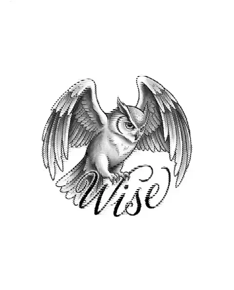A black-and-grey tattoo design of an owl for the shoulder, with the lettering Wise