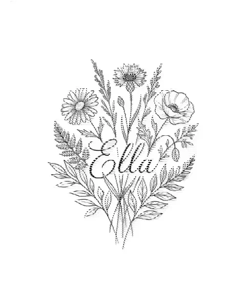 A fine-line tattoo design of a bouquet of wildflowers for the shoulder, with the lettering Ella
