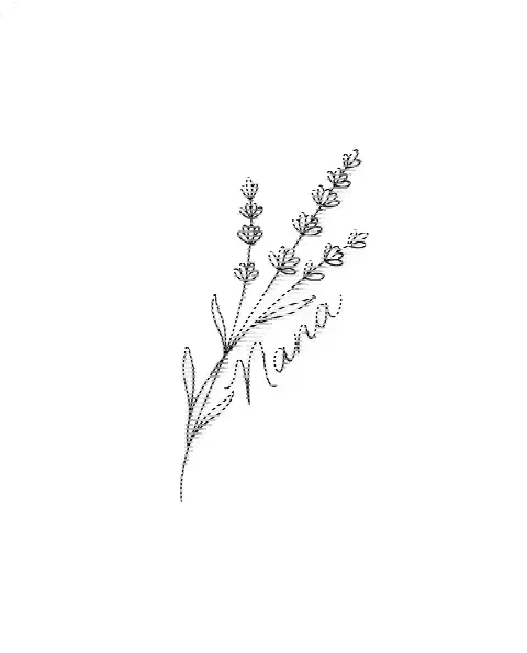 A fine-line tattoo design of a sprig of lavender for the wrist, with the lettering Nana