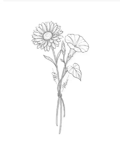 A fine-line tattoo design of aster and morning glory tied together, with the names Ella and Max on the stems