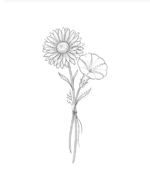 A fine-line tattoo design of aster and morning glory tied together, with the name Ella on a stem