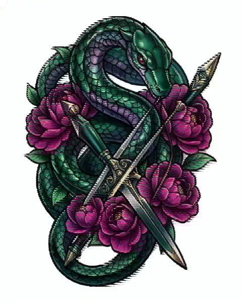 Neo-traditional snake tattoo design with a dagger and peonies