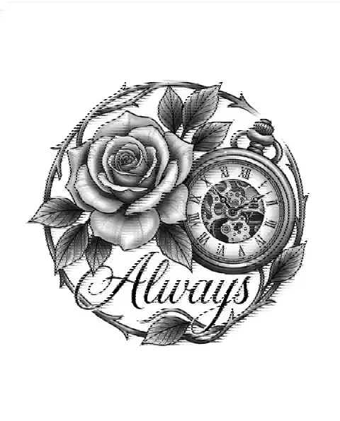 A black-and-grey tattoo design of a rose with a clock for the shoulder, with the lettering Always