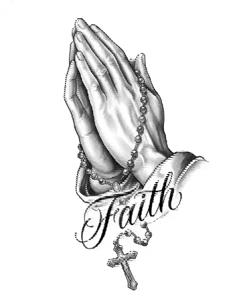 A black-and-grey tattoo design of praying hands with a rosary for the leg, with the lettering Faith