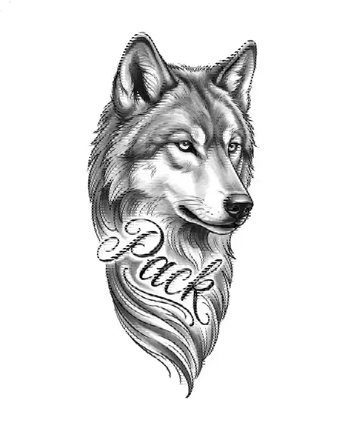 A black-and-grey tattoo design of a wolf's head for the forearm, with the lettering Pack