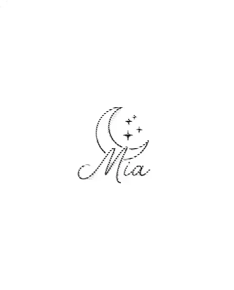 A fine-line tattoo design of a crescent moon and three small stars for the wrist, with the lettering Mia