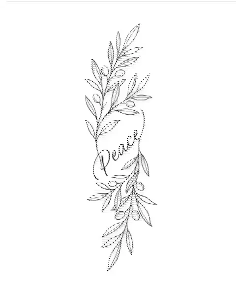 A fine-line tattoo design of an olive branch for the ribs, with the lettering Peace