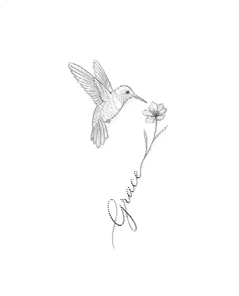A fine-line tattoo design of a hummingbird with a small flower for the forearm, with the lettering Grace