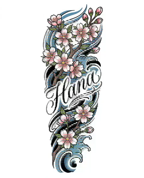 A Japanese tattoo design of cherry blossoms on a branch for the forearm, with the lettering Hana