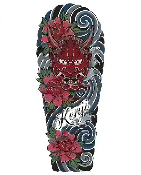 A Japanese tattoo design of a hannya mask with peonies for the leg, with the lettering Kenji
