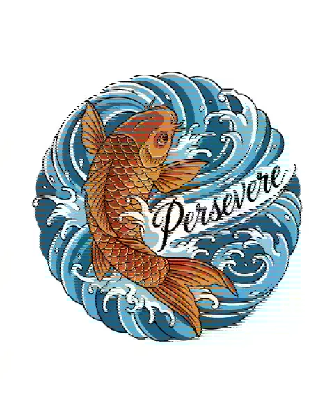 A Japanese tattoo design of a koi fish in waves for the shoulder, with the lettering Persevere