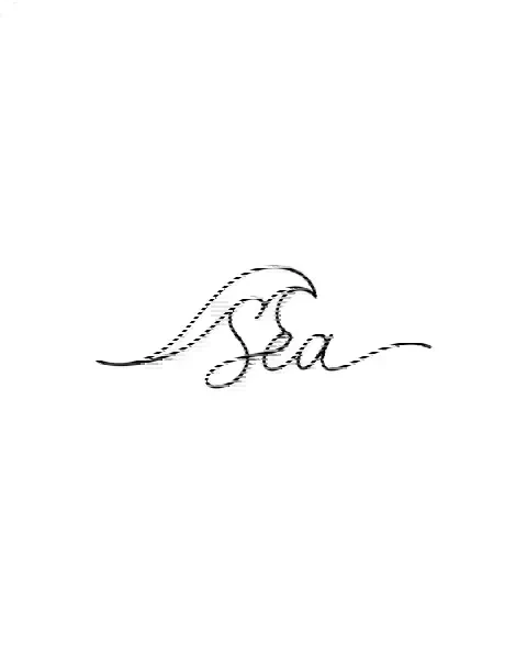 A minimal tattoo design of a small wave for the wrist, with the lettering Sea
