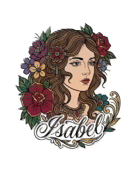 A neo-traditional tattoo design of a portrait with flowers in her hair for the shoulder, with the lettering Isabel