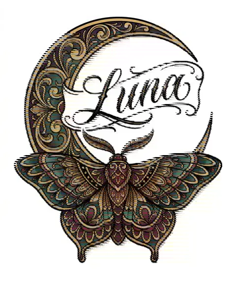 A neo-traditional tattoo design of a moth with a crescent moon for the leg, with the lettering Luna