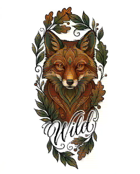 A neo-traditional tattoo design of a fox framed by leaves for the forearm, with the lettering Wild