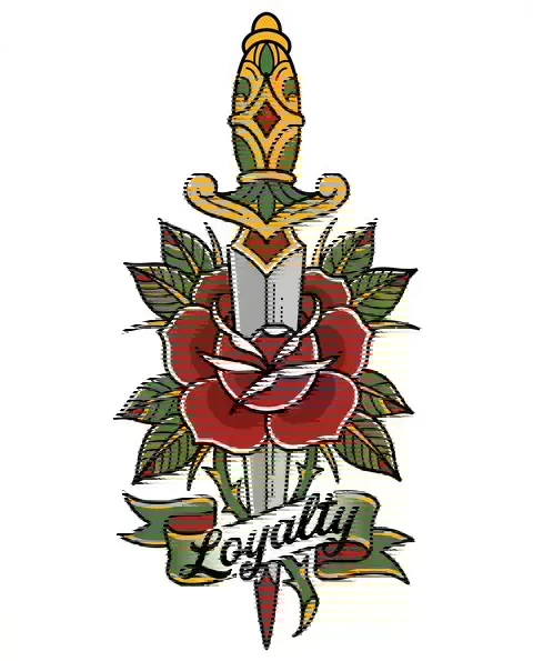 A American traditional tattoo design of a rose and a dagger for the leg, with the lettering Loyalty