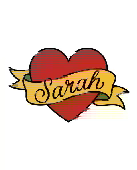 A American traditional tattoo design of a heart with a banner for the shoulder, with the lettering Sarah