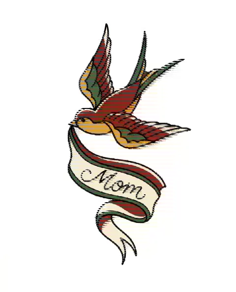 A American traditional tattoo design of a swallow with a banner for the forearm, with the lettering Mom