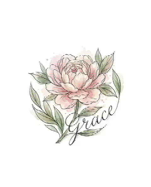 A watercolor tattoo design of a peony for the shoulder, with the lettering Grace