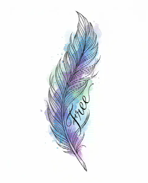 A watercolor tattoo design of a feather for the ribs, with the lettering Free