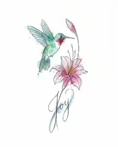 A watercolor tattoo design of a hummingbird and a flower for the forearm, with the lettering Joy